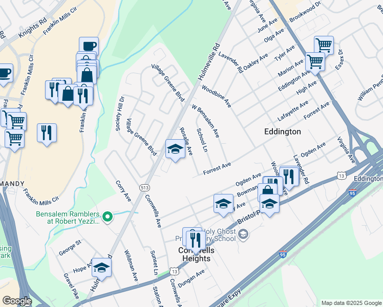 map of restaurants, bars, coffee shops, grocery stores, and more near 1423 Rosalie Avenue in Bensalem