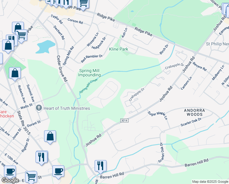 map of restaurants, bars, coffee shops, grocery stores, and more near 200 Ella Drive in Conshohocken