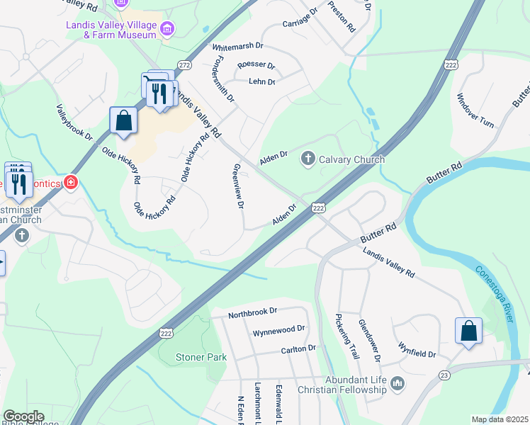 map of restaurants, bars, coffee shops, grocery stores, and more near 338 Greenview Drive in Lancaster