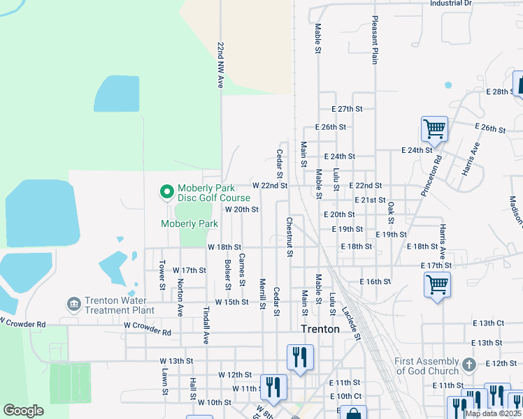 map of restaurants, bars, coffee shops, grocery stores, and more near West 20th Street in Trenton