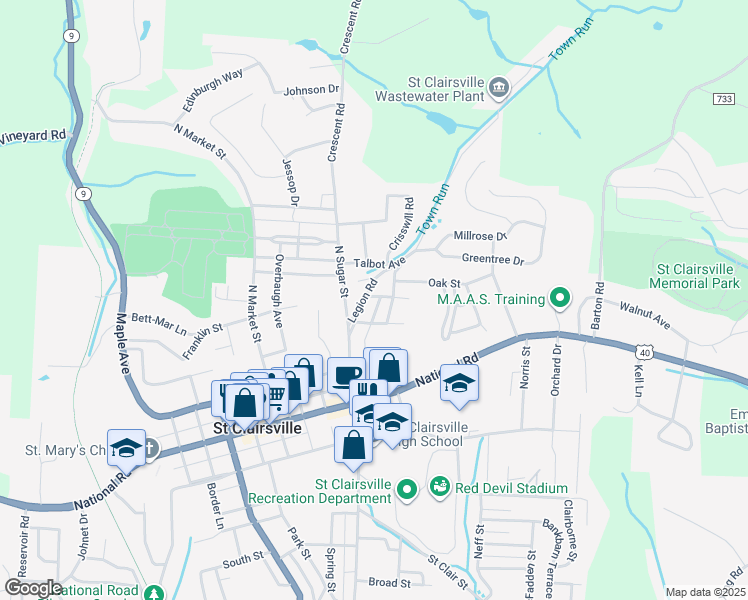 map of restaurants, bars, coffee shops, grocery stores, and more near 104 Richland Avenue in Saint Clairsville