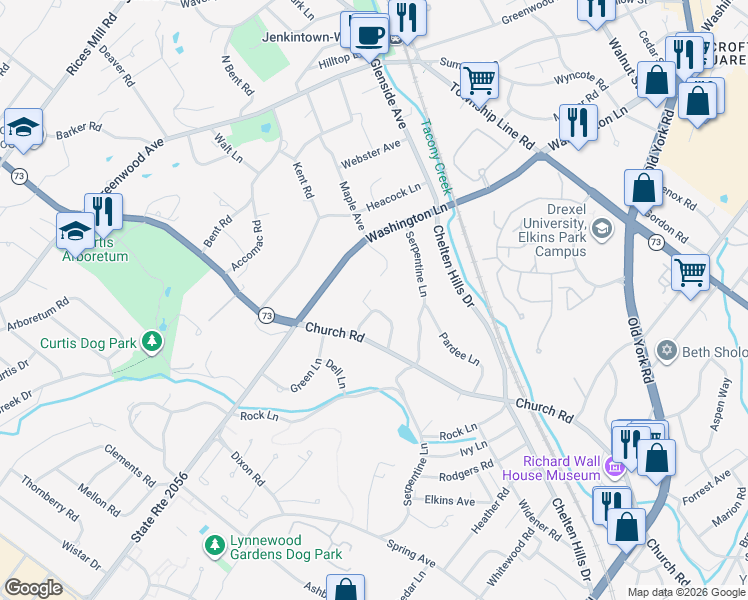 map of restaurants, bars, coffee shops, grocery stores, and more near 921 Laburnum Lane in Wyncote
