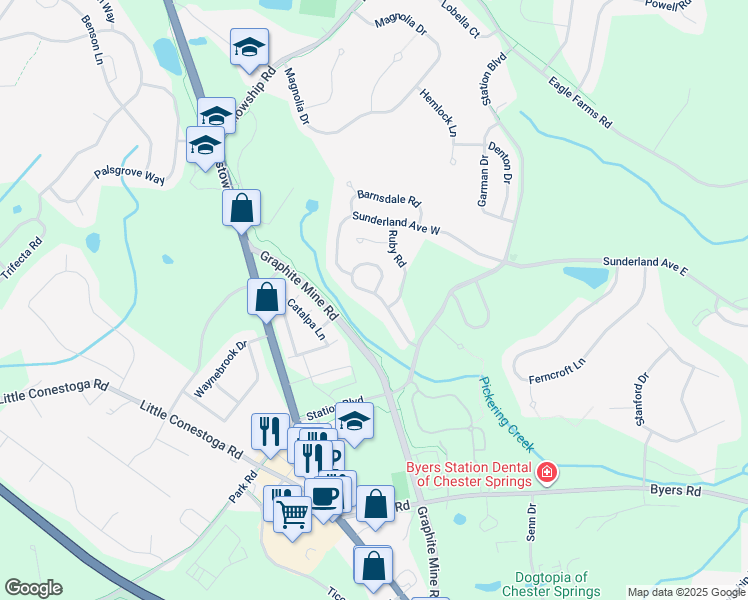 map of restaurants, bars, coffee shops, grocery stores, and more near 325 Dartmouth Road in Chester Springs