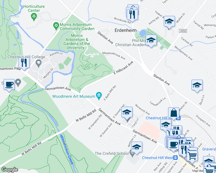map of restaurants, bars, coffee shops, grocery stores, and more near 91 East Bells Mill Road in Philadelphia