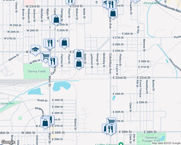 map of restaurants, bars, coffee shops, grocery stores, and more near 624 East 32nd Street in Anderson