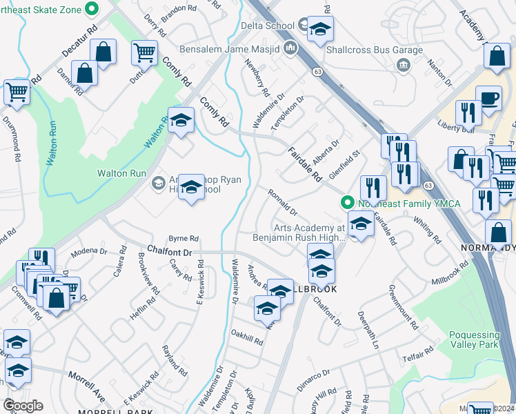 map of restaurants, bars, coffee shops, grocery stores, and more near 11128 Templeton Drive in Philadelphia