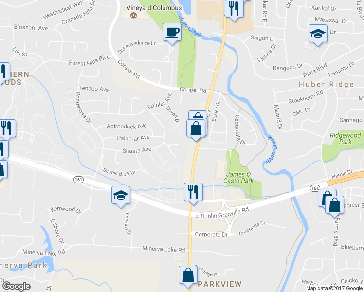 map of restaurants, bars, coffee shops, grocery stores, and more near 3323 Betty Court in Columbus
