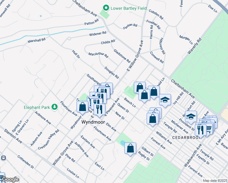 map of restaurants, bars, coffee shops, grocery stores, and more near 1096 East Willow Grove Avenue in Glenside