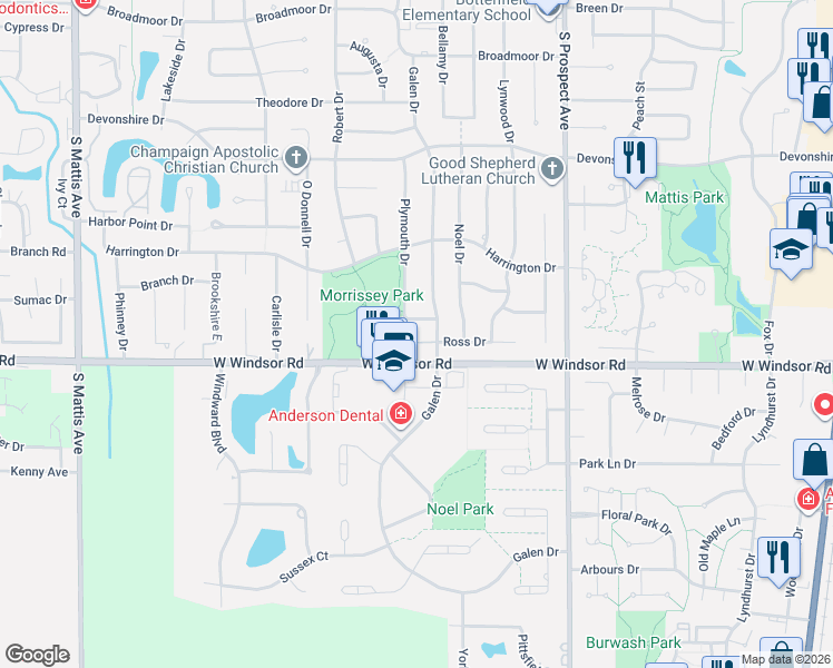 map of restaurants, bars, coffee shops, grocery stores, and more near 6 Ross Drive in Champaign
