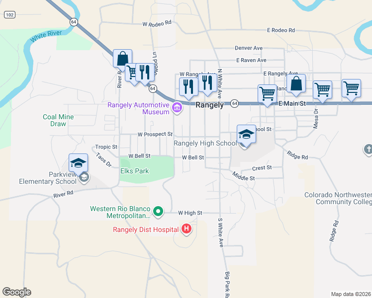 map of restaurants, bars, coffee shops, grocery stores, and more near 221 South Sunset Avenue in Rangely