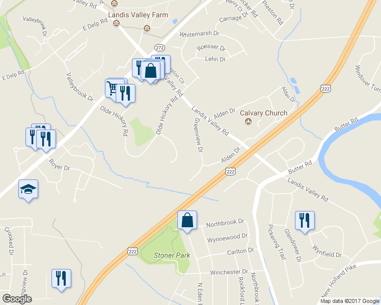 map of restaurants, bars, coffee shops, grocery stores, and more near 216 Greenview Dr in Lancaster