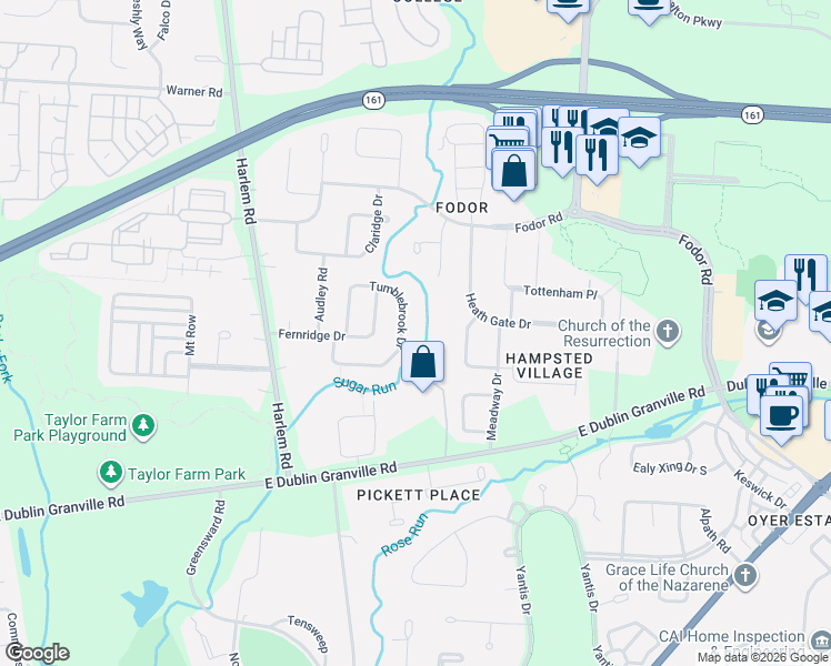 map of restaurants, bars, coffee shops, grocery stores, and more near 7205 Tumblebrook Drive in New Albany