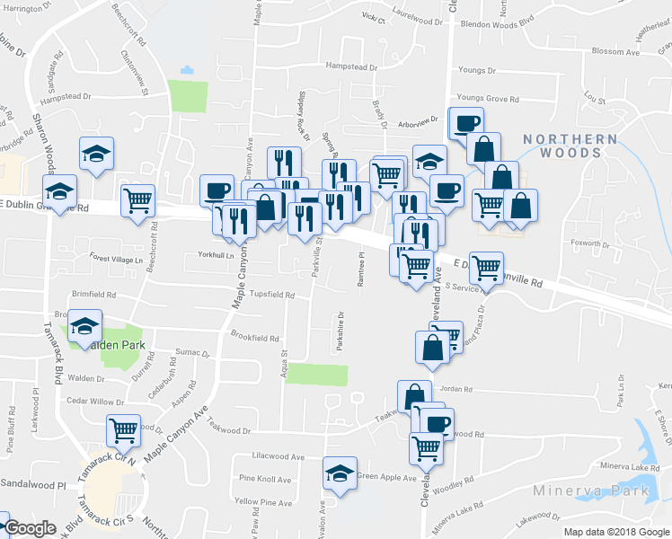 map of restaurants, bars, coffee shops, grocery stores, and more near 5674 Glengreen Court in Columbus