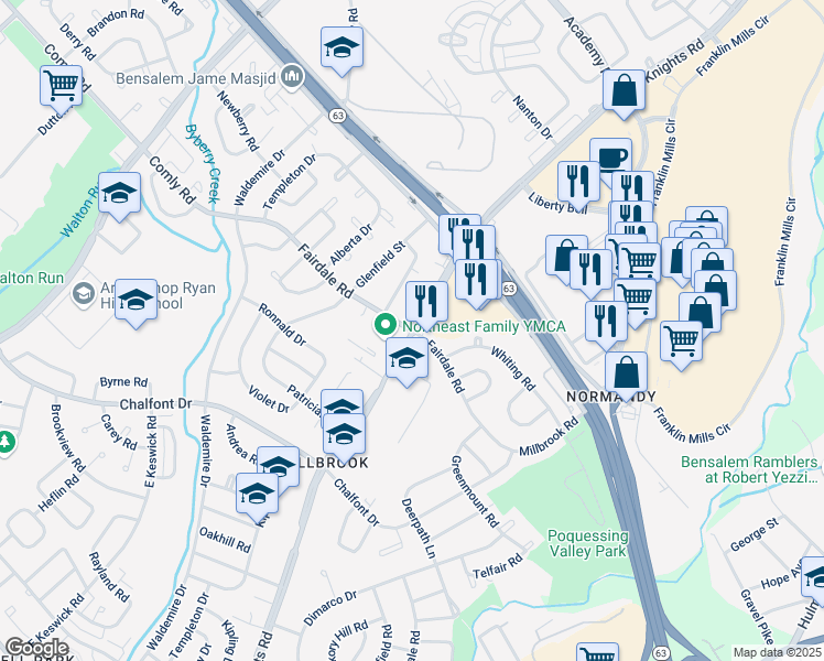 map of restaurants, bars, coffee shops, grocery stores, and more near Knights Rd & Fairdale Rd in Philadelphia