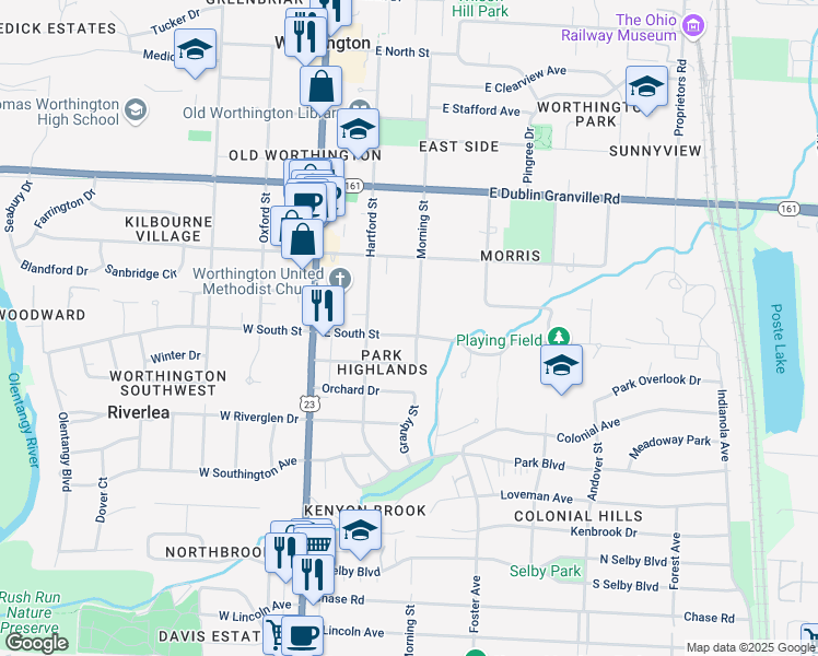 map of restaurants, bars, coffee shops, grocery stores, and more near 162 East South Street in Worthington