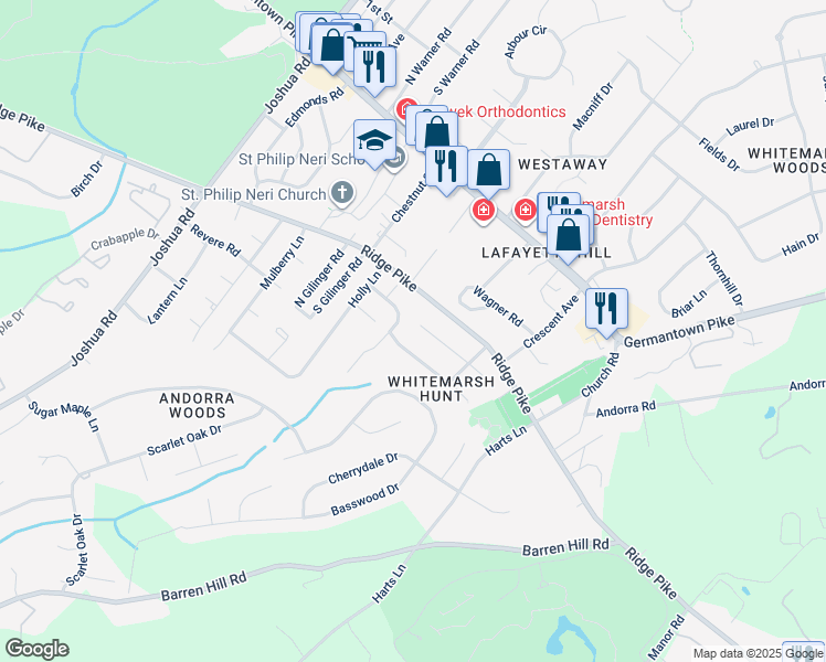 map of restaurants, bars, coffee shops, grocery stores, and more near 532 Cedar Dr in Lafayette Hill