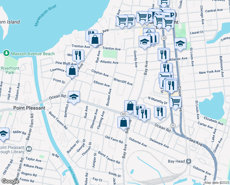 map of restaurants, bars, coffee shops, grocery stores, and more near 1156 Ridgefield Dr in Point Pleasant