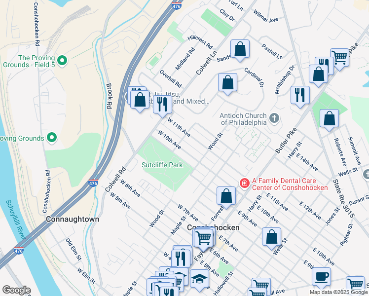 map of restaurants, bars, coffee shops, grocery stores, and more near 334 West 10th Avenue in Conshohocken