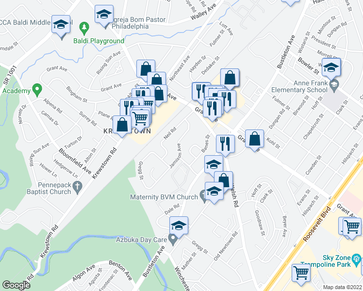 map of restaurants, bars, coffee shops, grocery stores, and more near 9321 Jamison Avenue in Philadelphia