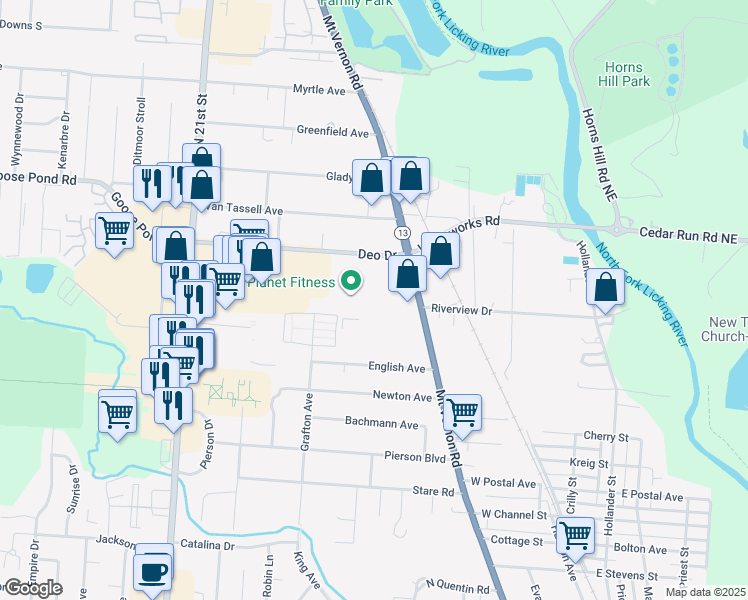 map of restaurants, bars, coffee shops, grocery stores, and more near 1041 Mount Vernon Road in Newark