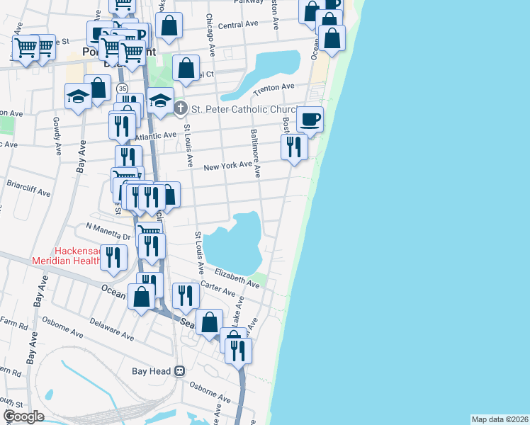 map of restaurants, bars, coffee shops, grocery stores, and more near 1302 Baltimore Avenue in Point Pleasant Beach