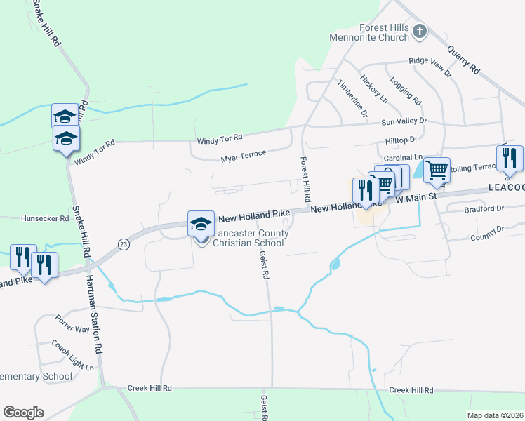 map of restaurants, bars, coffee shops, grocery stores, and more near 2425 New Holland Pike in Lancaster