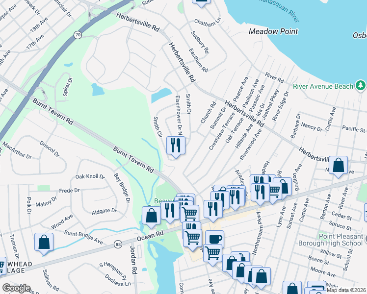 map of restaurants, bars, coffee shops, grocery stores, and more near 554 Smith Drive in Point Pleasant