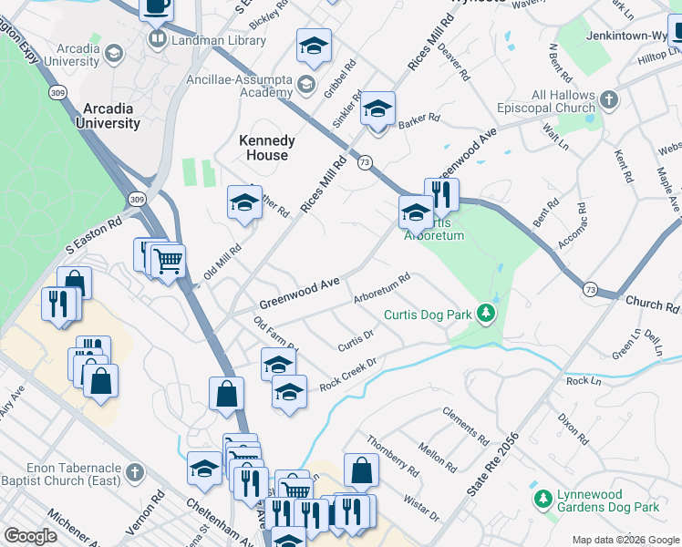 map of restaurants, bars, coffee shops, grocery stores, and more near 1107 Greenwood Avenue in Wyncote