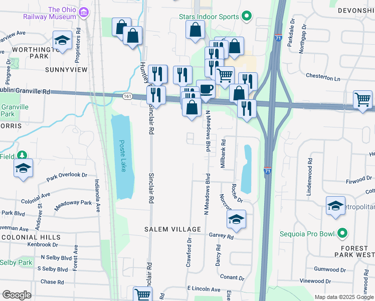 map of restaurants, bars, coffee shops, grocery stores, and more near 869-873 North Meadows Boulevard in Columbus