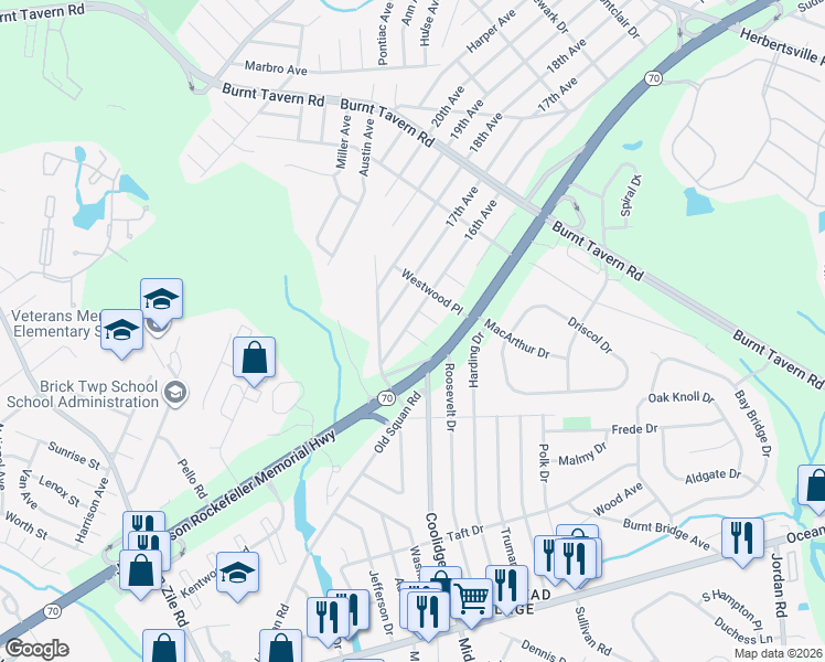 map of restaurants, bars, coffee shops, grocery stores, and more near 486 16th Avenue in Brick Township