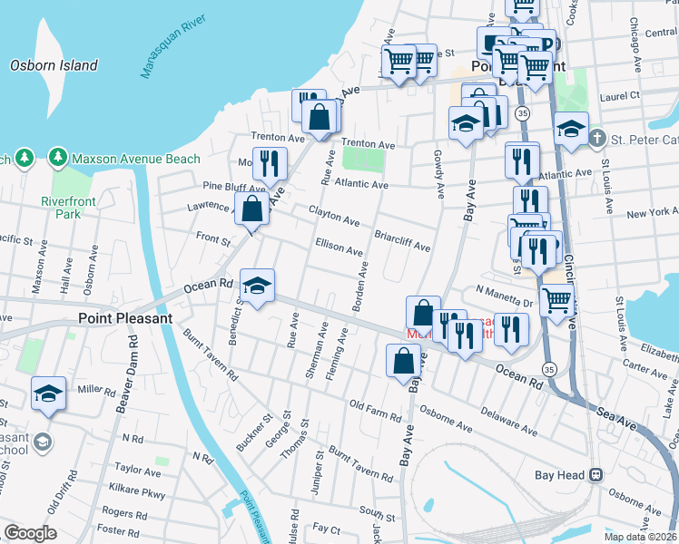 map of restaurants, bars, coffee shops, grocery stores, and more near 909 Leighton Avenue in Point Pleasant