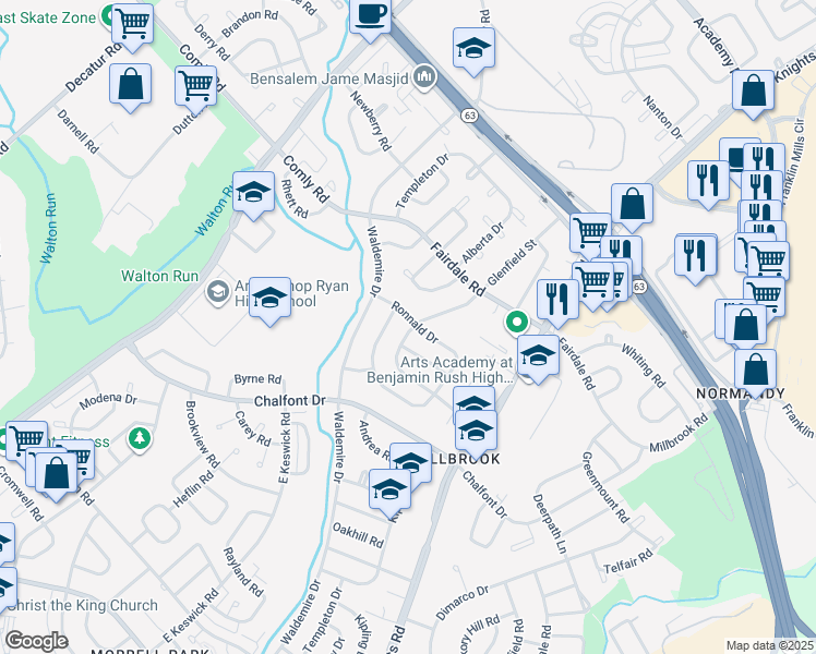 map of restaurants, bars, coffee shops, grocery stores, and more near 3722 Ronnald Drive in Philadelphia