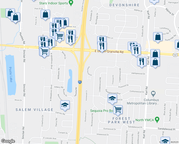 map of restaurants, bars, coffee shops, grocery stores, and more near 5800 Arborwood Drive in Columbus