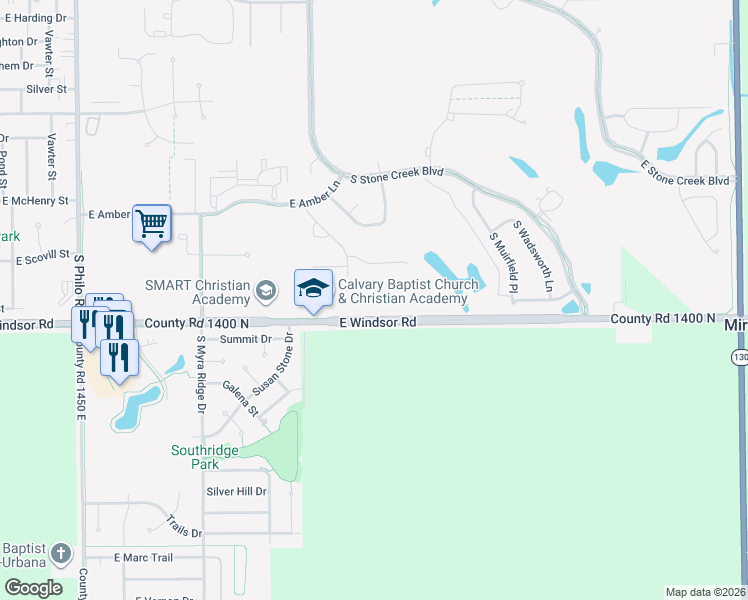 map of restaurants, bars, coffee shops, grocery stores, and more near 2202 East Windsor Road in Urbana
