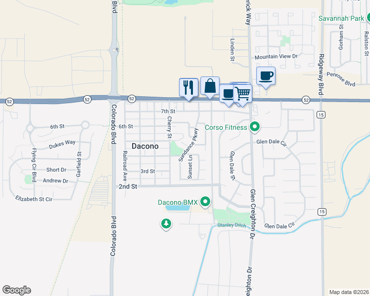 map of restaurants, bars, coffee shops, grocery stores, and more near 404 Sundance Parkway in Dacono