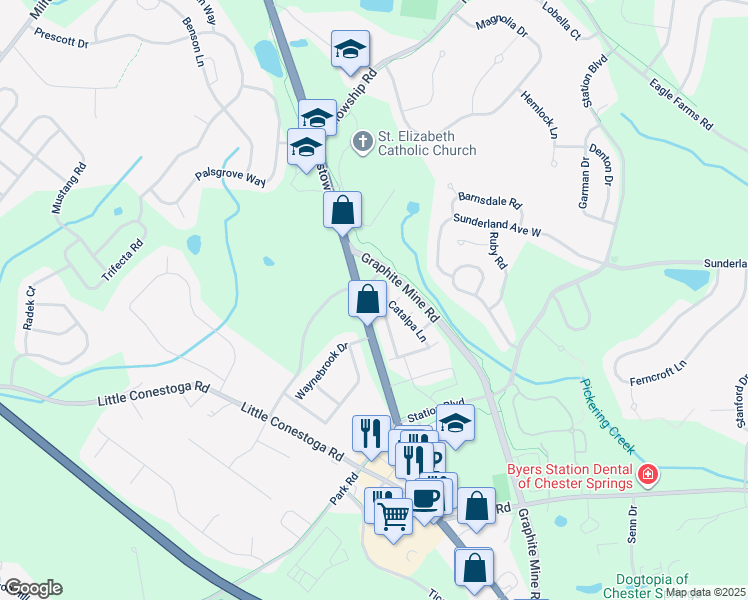 map of restaurants, bars, coffee shops, grocery stores, and more near 700 Hackberry Court in Chester Springs
