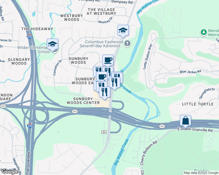 map of restaurants, bars, coffee shops, grocery stores, and more near 5991 Sunbury Road in Westerville