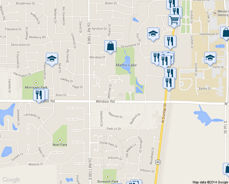 map of restaurants, bars, coffee shops, grocery stores, and more near 2306 Melrose Drive in Champaign