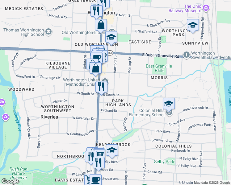 map of restaurants, bars, coffee shops, grocery stores, and more near 550 Hartford Street in Worthington