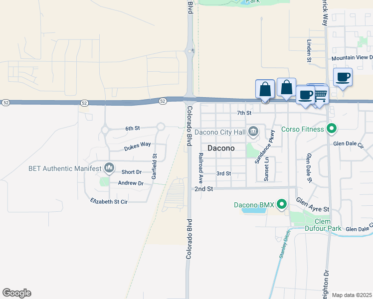 map of restaurants, bars, coffee shops, grocery stores, and more near 421 Colorado Boulevard in Dacono