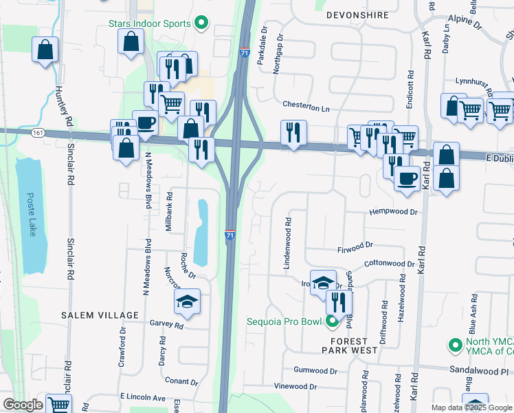 map of restaurants, bars, coffee shops, grocery stores, and more near 5800 Arborwood Drive in Columbus