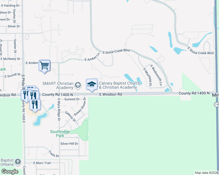 map of restaurants, bars, coffee shops, grocery stores, and more near 2202 East Windsor Road in Urbana