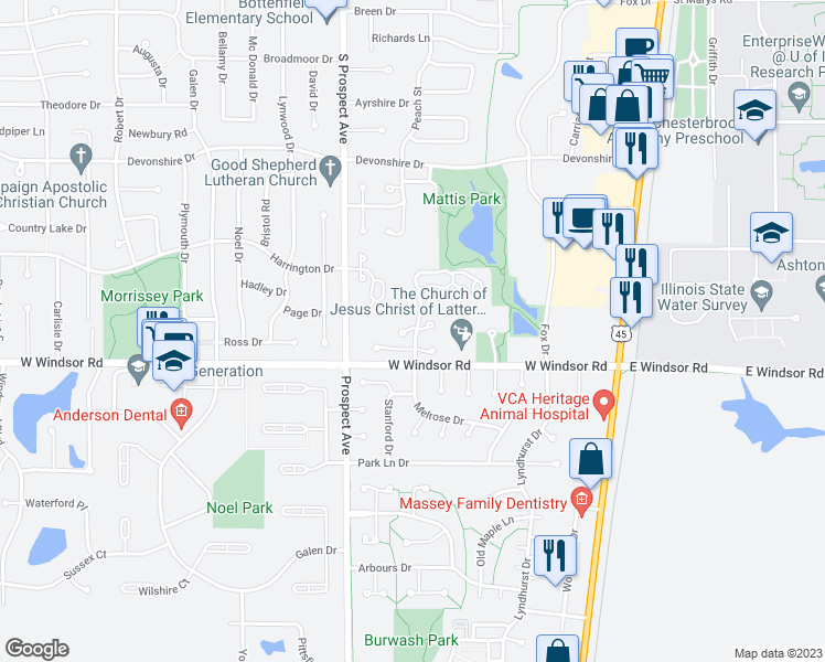 map of restaurants, bars, coffee shops, grocery stores, and more near 2307 Melrose Drive in Champaign