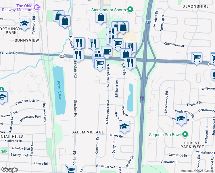 map of restaurants, bars, coffee shops, grocery stores, and more near 5795 North Meadows Boulevard in Columbus