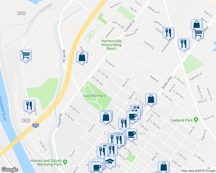 map of restaurants, bars, coffee shops, grocery stores, and more near 334 West 10th Avenue in Conshohocken