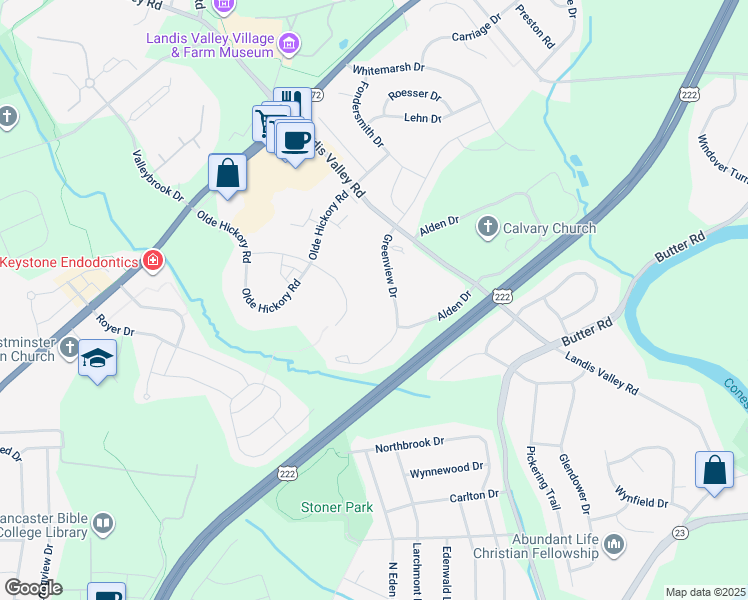 map of restaurants, bars, coffee shops, grocery stores, and more near 214 Greenview Drive in Lancaster