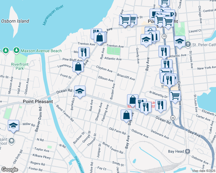 map of restaurants, bars, coffee shops, grocery stores, and more near 909 Leighton Avenue in Point Pleasant