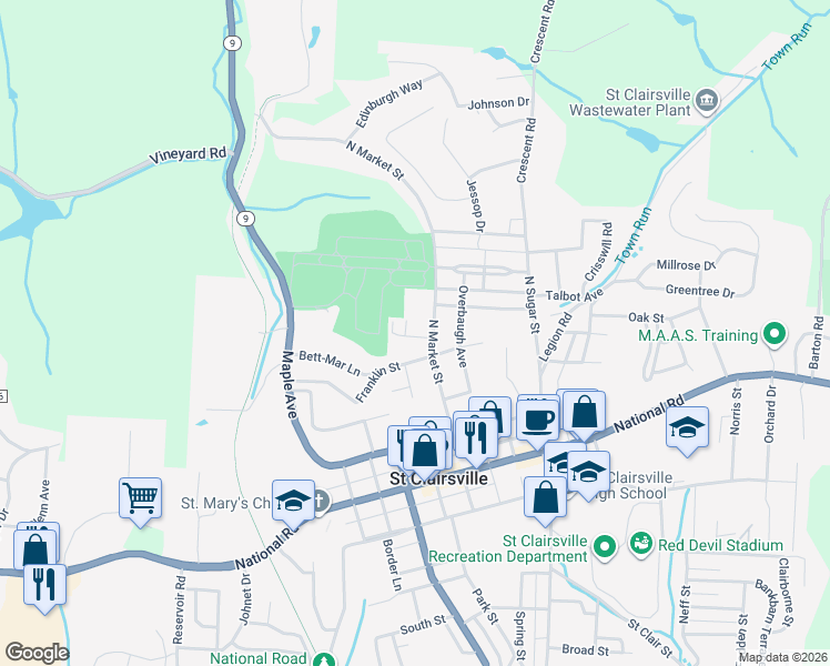 map of restaurants, bars, coffee shops, grocery stores, and more near 102 Wallace Street in Saint Clairsville