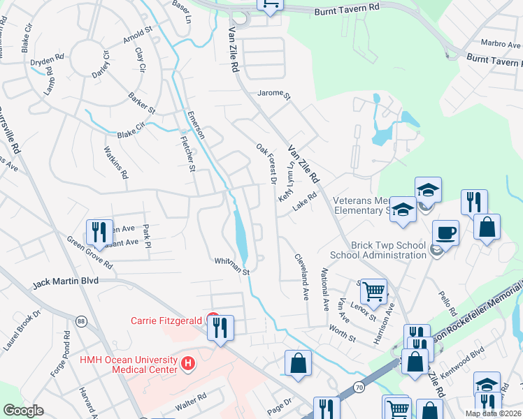 map of restaurants, bars, coffee shops, grocery stores, and more near 14 Dickinson in Brick Township