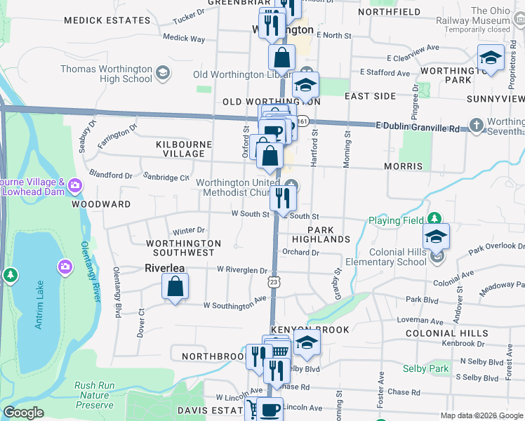 map of restaurants, bars, coffee shops, grocery stores, and more near 36 West South Street in Worthington